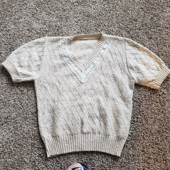 1980s 1990s Vintage Knit Top Cream V-Neck Lace Sweater - Picture 2 of 7